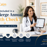 Dr. Calm health concierge banner showing a smiling doctor presenting a tablet to a patient in a clinic setting, with bold text about health checks and services like advanced screenings and labs (concierge care branding in corner).