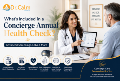 Dr. Calm health concierge banner showing a smiling doctor presenting a tablet to a patient in a clinic setting, with bold text about health checks and services like advanced screenings and labs (concierge care branding in corner).