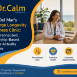 Dr. Calm banner showing a doctor consulting a patient by a window, with blue and orange design and text about a concierge longevity and wellness clinic.
